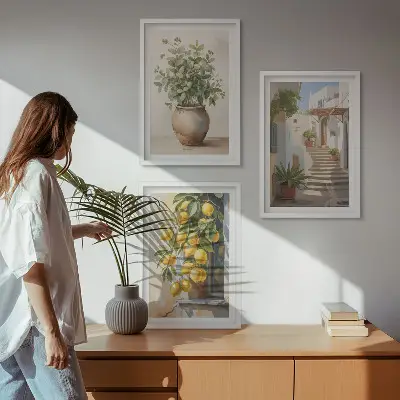 Fotowand met afbeelding van planten, potten, citroenen en een steegje