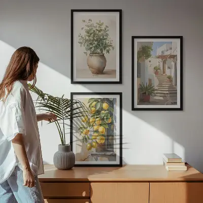 Fotowand met afbeelding van planten, potten, citroenen en een steegje