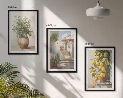 Fotowand met afbeelding van planten, potten, citroenen en een steegje