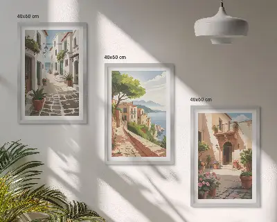 Wanddecoratie set schilderijen met afbeeldingen van smalle straatjes, huizen en planten in potten