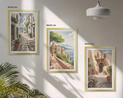 Wanddecoratie set schilderijen met afbeeldingen van smalle straatjes, huizen en planten in potten