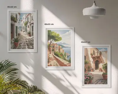 Wanddecoratie set schilderijen met afbeeldingen van smalle straatjes, huizen en planten in potten