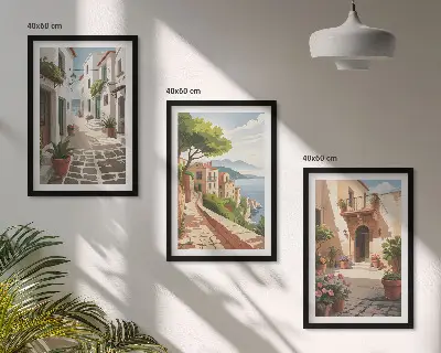 Wanddecoratie set schilderijen met afbeeldingen van smalle straatjes, huizen en planten in potten