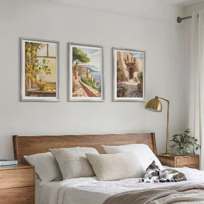 Wanddecoratieset schilderijen met citrusvruchten in een kustdorp bij de zee