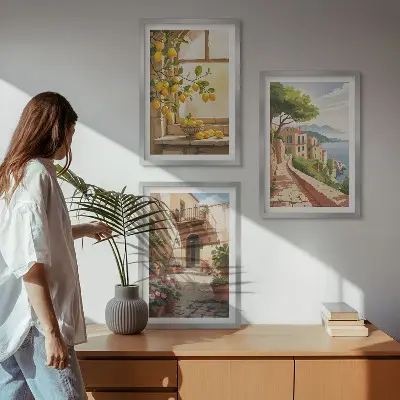 Wanddecoratieset schilderijen met citrusvruchten in een kustdorp bij de zee