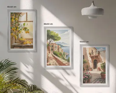 Wanddecoratieset schilderijen met citrusvruchten in een kustdorp bij de zee