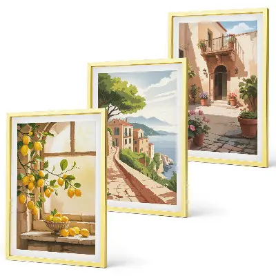 Wanddecoratieset schilderijen met citrusvruchten in een kustdorp bij de zee