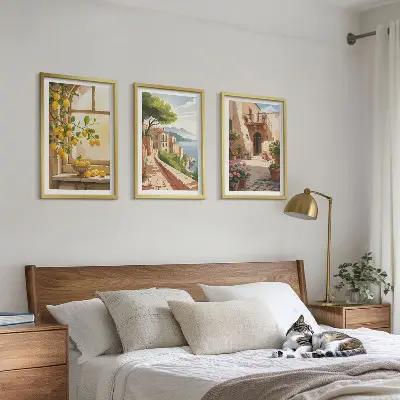 Wanddecoratieset schilderijen met citrusvruchten in een kustdorp bij de zee