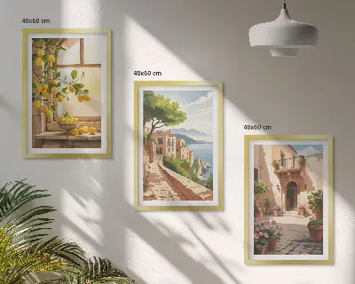 Wanddecoratieset schilderijen met citrusvruchten in een kustdorp bij de zee
