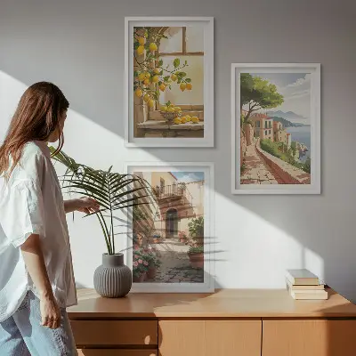 Wanddecoratieset schilderijen met citrusvruchten in een kustdorp bij de zee