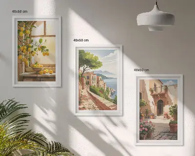 Wanddecoratieset schilderijen met citrusvruchten in een kustdorp bij de zee