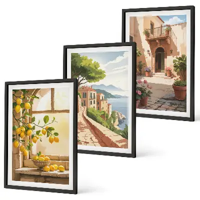 Wanddecoratieset schilderijen met citrusvruchten in een kustdorp bij de zee