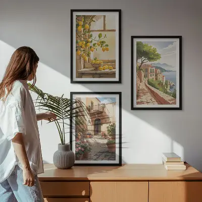 Wanddecoratieset schilderijen met citrusvruchten in een kustdorp bij de zee