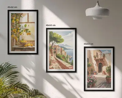 Wanddecoratieset schilderijen met citrusvruchten in een kustdorp bij de zee