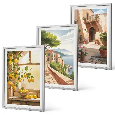 Wanddecoratieset schilderijen met citrusvruchten in een kustdorp bij de zee