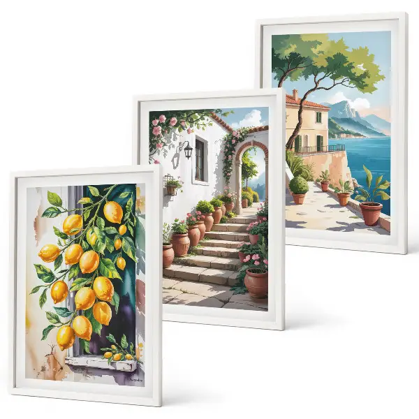 Wanddecoratieset schilderijen met citroenen, bloemen en zeegezichten