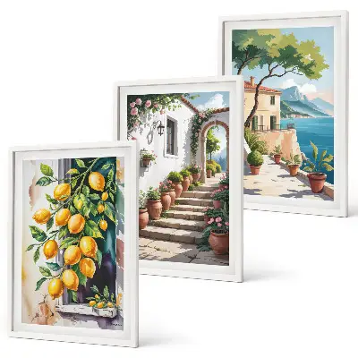 Wanddecoratieset schilderijen met citroenen, bloemen en zeegezichten