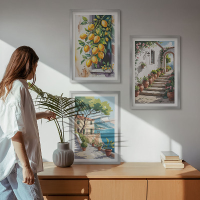 Wanddecoratie set schilderijen Cytryny kwiaty widoki morze