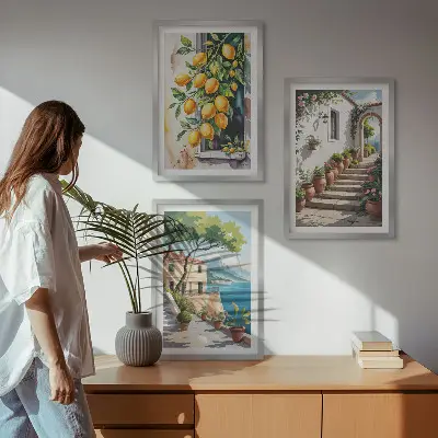 Wanddecoratieset schilderijen met citroenen, bloemen en zeegezichten