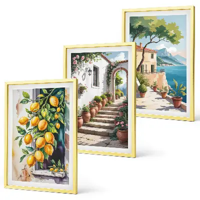 Wanddecoratieset schilderijen met citroenen, bloemen en zeegezichten