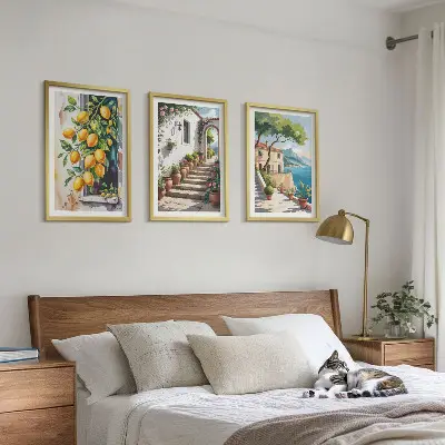 Wanddecoratieset schilderijen met citroenen, bloemen en zeegezichten