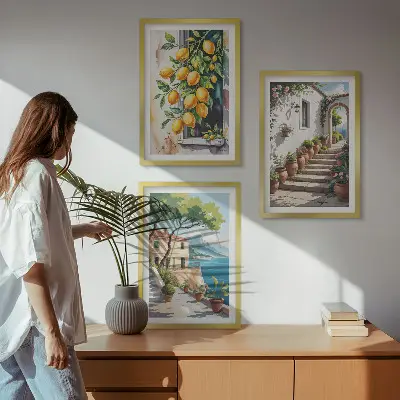 Wanddecoratieset schilderijen met citroenen, bloemen en zeegezichten