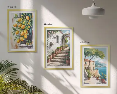 Wanddecoratieset schilderijen met citroenen, bloemen en zeegezichten