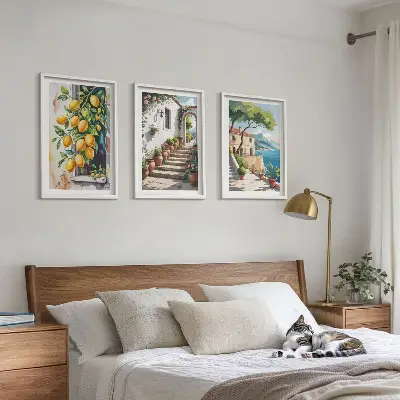 Wanddecoratieset schilderijen met citroenen, bloemen en zeegezichten