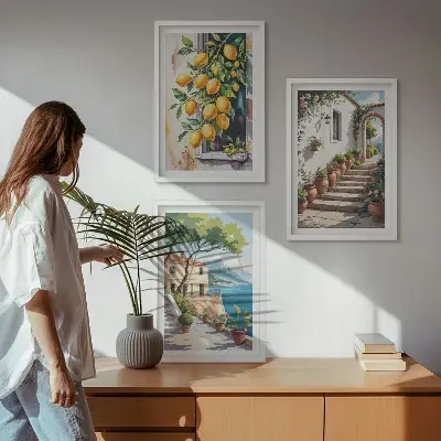 Wanddecoratieset schilderijen met citroenen, bloemen en zeegezichten