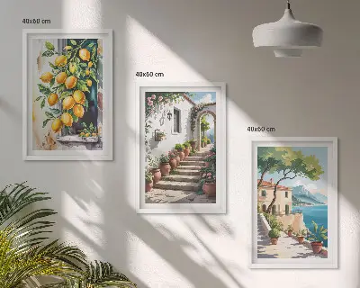 Wanddecoratieset schilderijen met citroenen, bloemen en zeegezichten