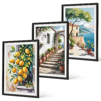 Wanddecoratieset schilderijen met citroenen, bloemen en zeegezichten
