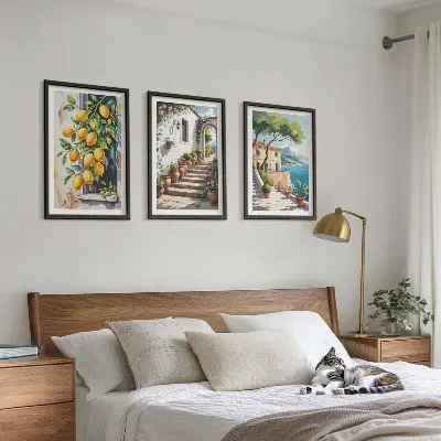 Wanddecoratieset schilderijen met citroenen, bloemen en zeegezichten