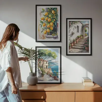 Wanddecoratieset schilderijen met citroenen, bloemen en zeegezichten
