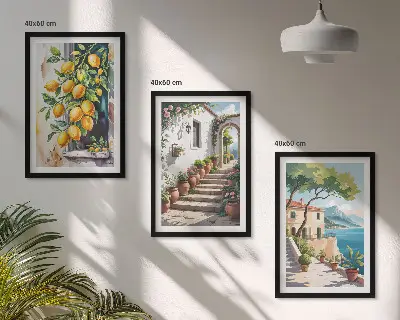 Wanddecoratieset schilderijen met citroenen, bloemen en zeegezichten