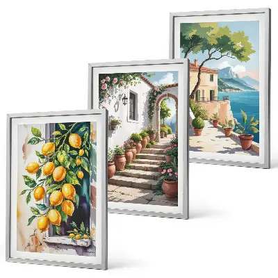 Wanddecoratieset schilderijen met citroenen, bloemen en zeegezichten