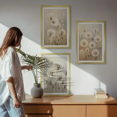Fotowand witte paardenbloemen op een lichte achtergrond