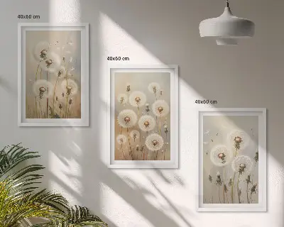 Fotowand witte paardenbloemen op een lichte achtergrond
