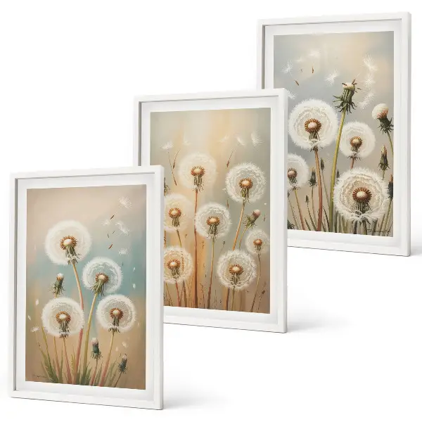 Wanddecoratie set schilderijen met pastelkleurige paardenbloemen