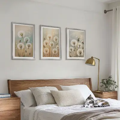 Wanddecoratie set schilderijen met pastelkleurige paardenbloemen