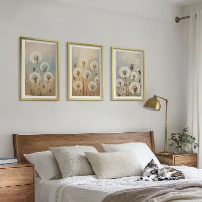 Wanddecoratie set schilderijen met pastelkleurige paardenbloemen