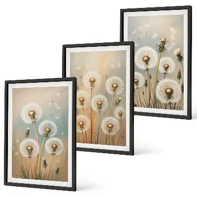 Wanddecoratie set schilderijen met pastelkleurige paardenbloemen