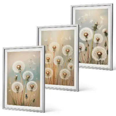 Wanddecoratie set schilderijen met pastelkleurige paardenbloemen