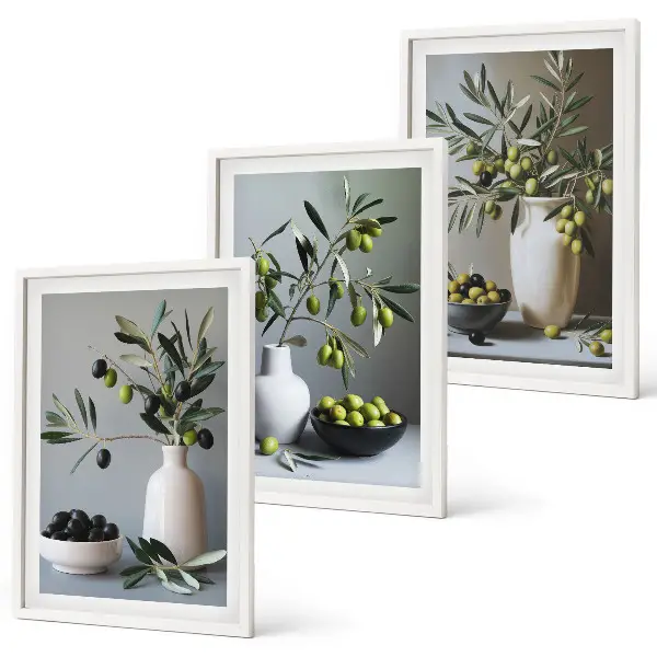 Wanddecoratieset schilderijen olijven in vazen in ingetogen kleurtinten