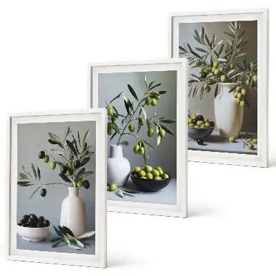 Wanddecoratieset schilderijen olijven in vazen in ingetogen kleurtinten