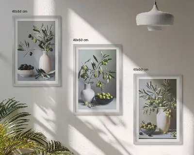 Wanddecoratieset schilderijen olijven in vazen in ingetogen kleurtinten
