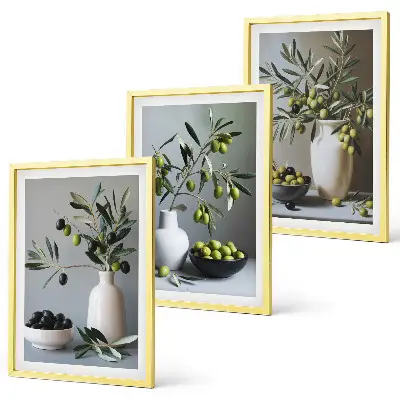 Wanddecoratieset schilderijen olijven in vazen in ingetogen kleurtinten