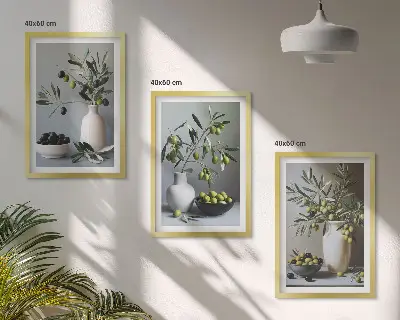 Wanddecoratieset schilderijen olijven in vazen in ingetogen kleurtinten