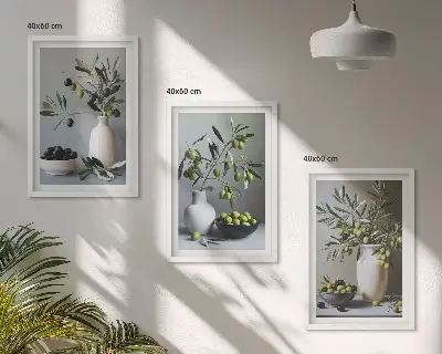 Wanddecoratieset schilderijen olijven in vazen in ingetogen kleurtinten