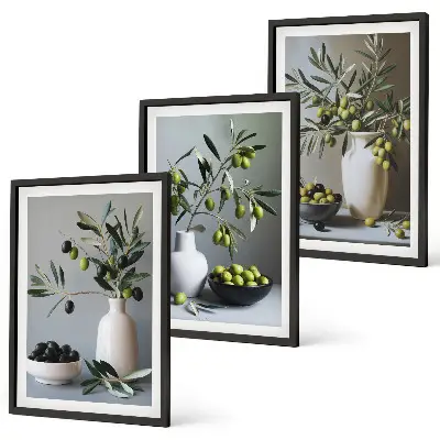 Wanddecoratieset schilderijen olijven in vazen in ingetogen kleurtinten