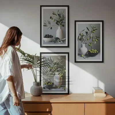 Wanddecoratieset schilderijen olijven in vazen in ingetogen kleurtinten
